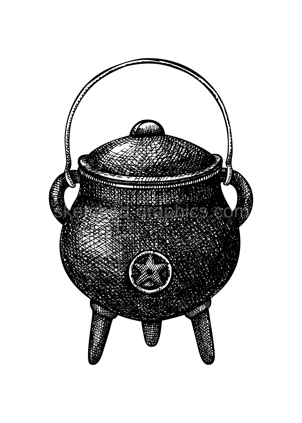 Witch pot with magic symbol sketch. Vintage pan drawing for witchcraft, alchemy. Сooking utensils Ink vector illustration isolated on white background. Hand drawn Halloween design element Illustration
